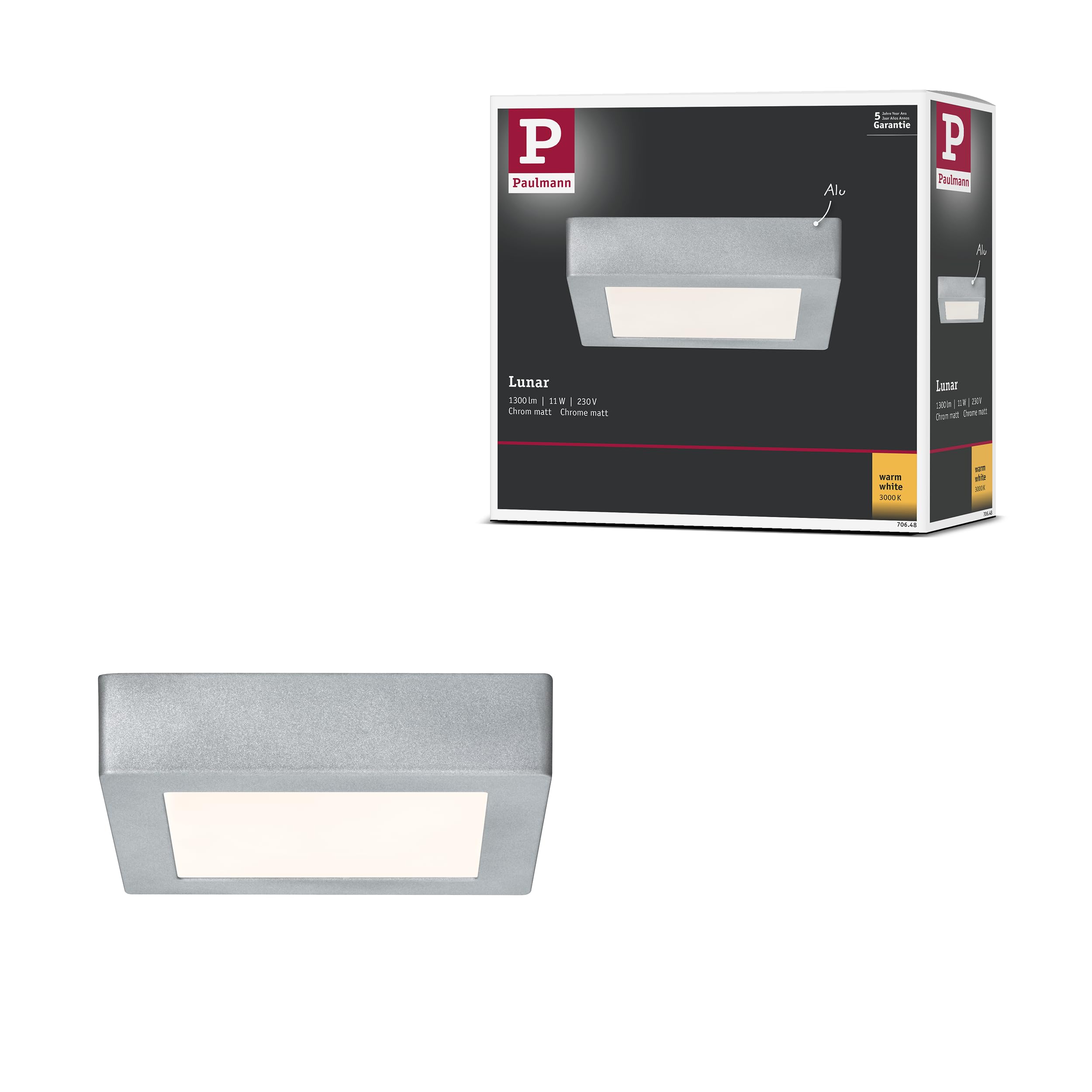 WallCeiling Lunar LED Panel 170x170mm 11W 230V matt Chrome Aluminium