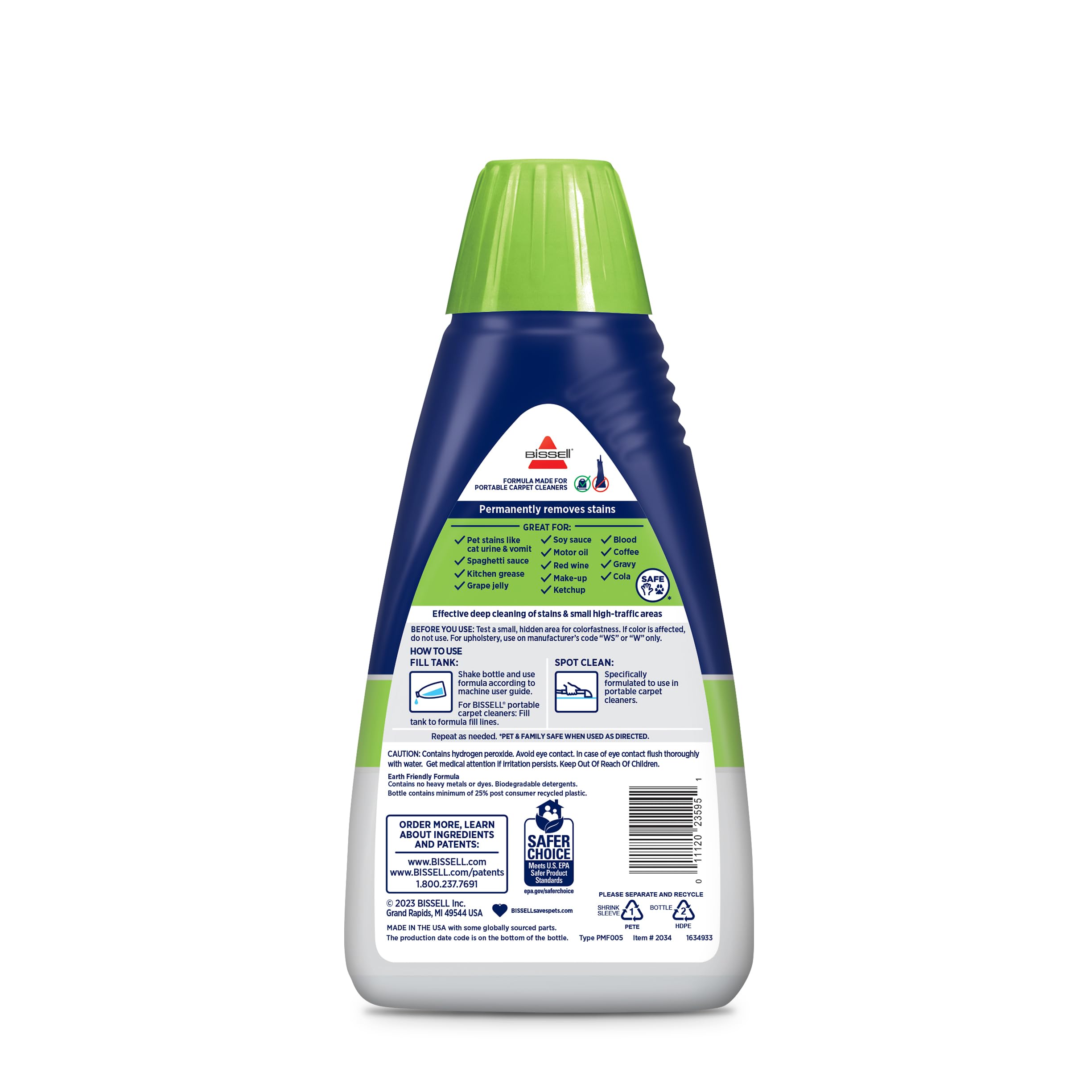 Bissell PET PRO OXY Spot & Stain Formula for Portable Carpet Cleaners, 32 oz., 2034