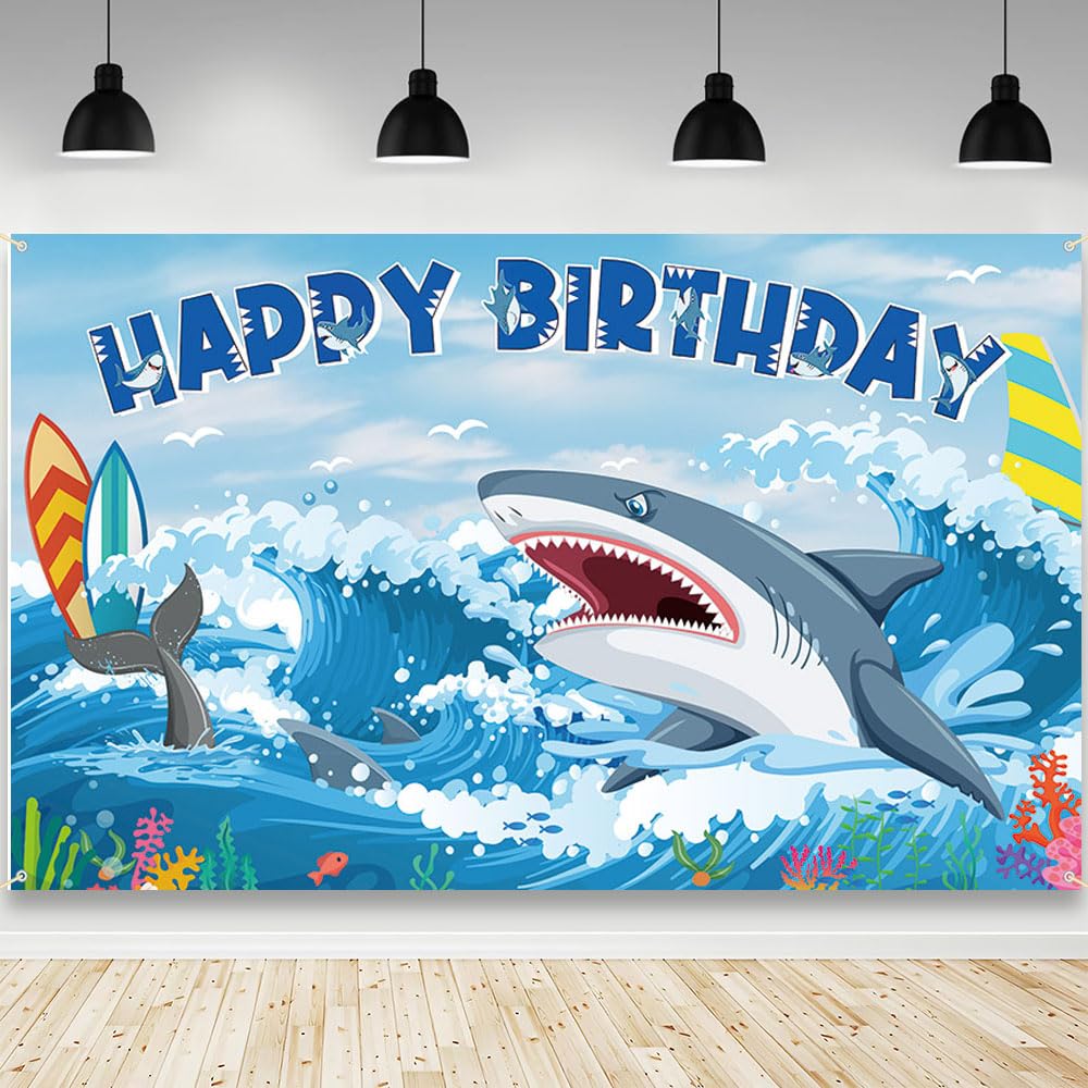 Photo 1 of ++2 PCS++AIBIIN Shark Birthday Backdrop Photography Background Under The Sea Shark Whale Sea Waves Surfboard Birthday Party Decorations Banner Photo Prop 70.8x43.3 inch