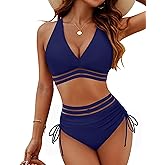 Blooming Jelly Womens High Waisted Bikini Sets Tummy Control Bathing Suit Two Piece Color Block Swimsuits (XL, Navy Blue Mesh)