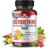 Ultra Herbs Premium Berberine with Cinnamon, Milk Thistle - Promotes Liver Function, Gut Health, Immunity (150 Count (Pack of 1))