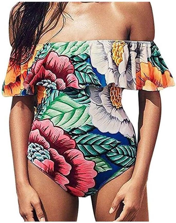 Hallegave Women Sexy Ruffle Off-The-Shoulder One-Piece Swimsuit Hollow Out Bikini (Large, Green)