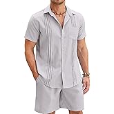 COOFANDY Men Linen Sets Outfits 2 Piece Short Sleeve Cuban Shirts Guayabera Linen Suit