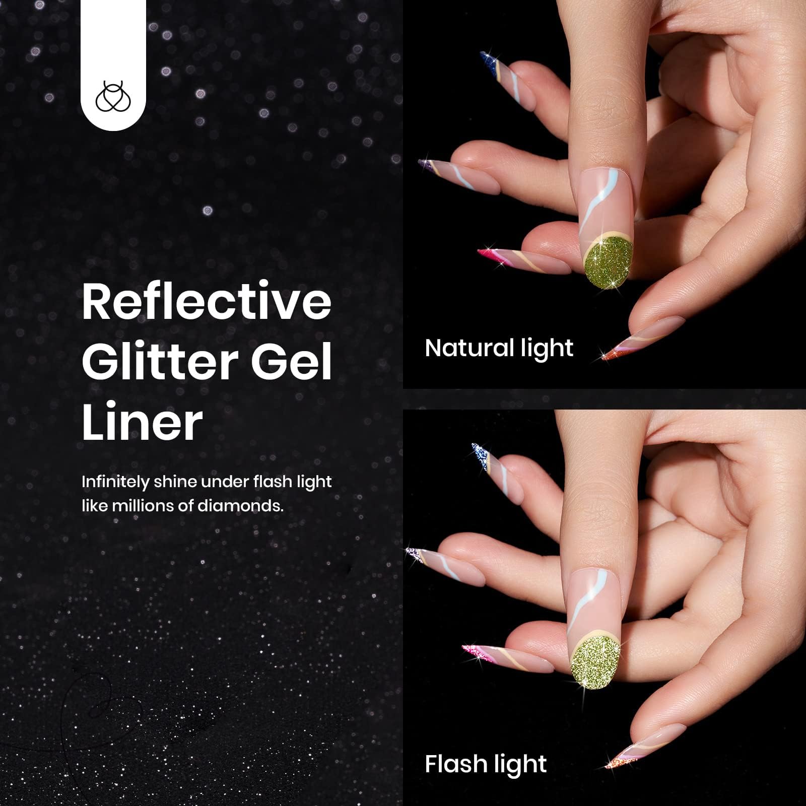 Beetles Gel Liner Nail Art, 6 Colors Reflective Glitter Gel Nail Polish Neon Purple Green Hot Pink Yellow Swirl Glow in the Dark Nail Art Polish, Sparkly Diamond Built Thin Nail Brush in Bottle