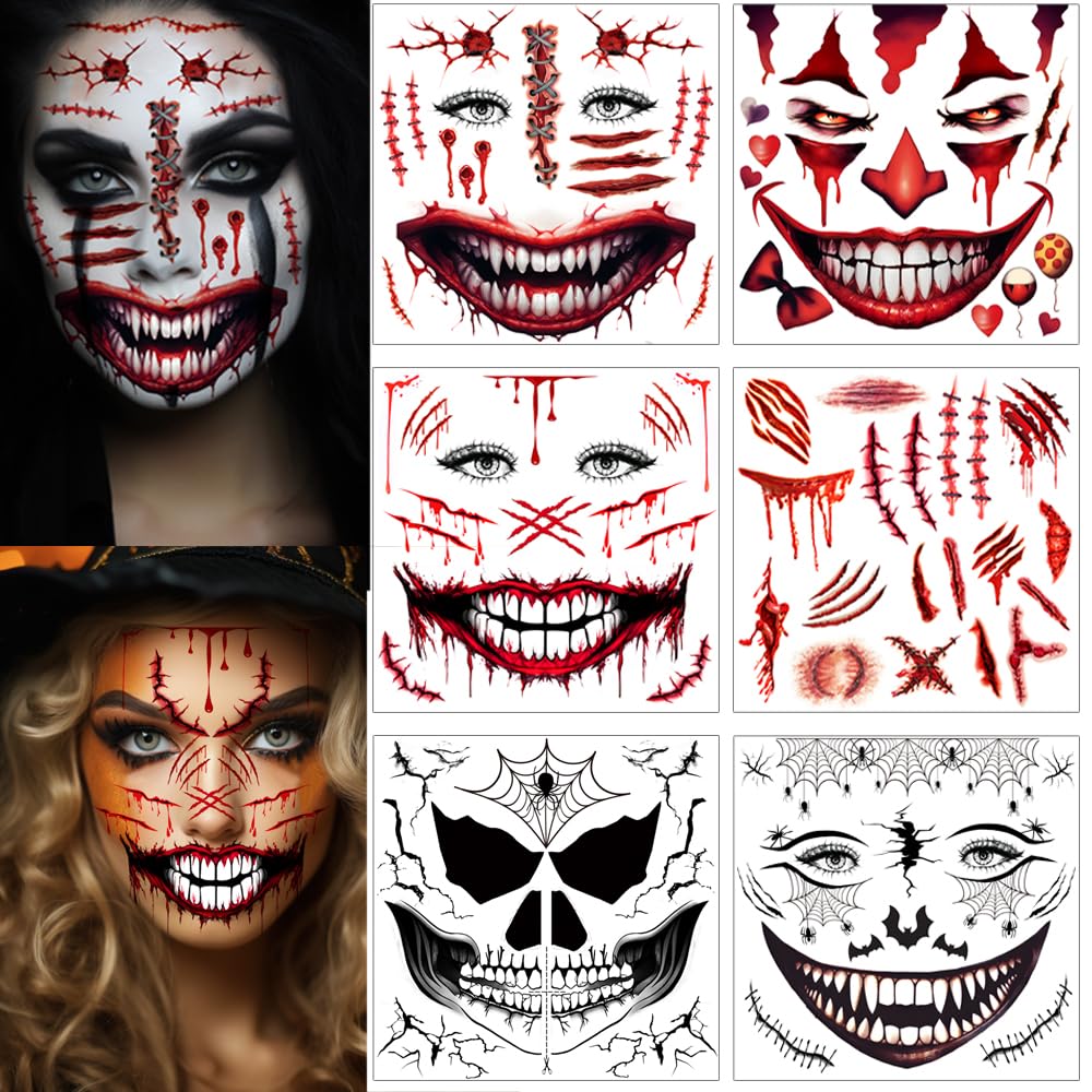 ENYACOS 6 Sheets Scary Face Tattoos - Skeleton Mouth, Fake Cuts Spider Web, Adult Halloween Makeup Kit