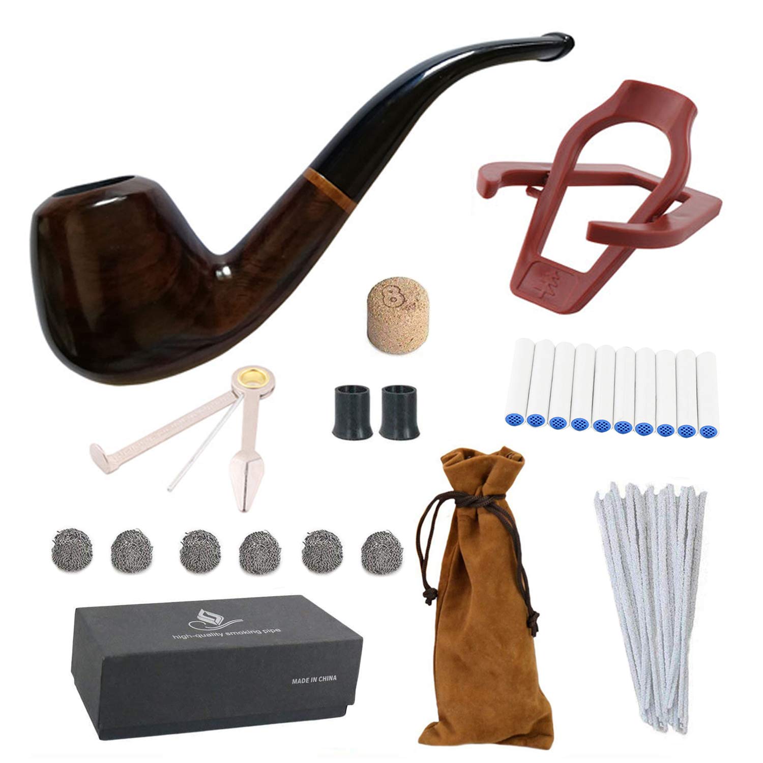 Tobacco Smoking Pipe, KamaLM Wooden Pipe with Pipe Scraper, Stand Holder, Pipe Cleaner, Box and Other Pipe Accessories, Great Gift for Grandfather Father Husband Boyfriend Smoker