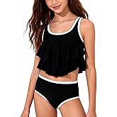 Kiuvinu Girls Swimsuit Two Piece Bikini Sets Color-Block Tiered Ruffled Bathing Suit Girls Swimwear