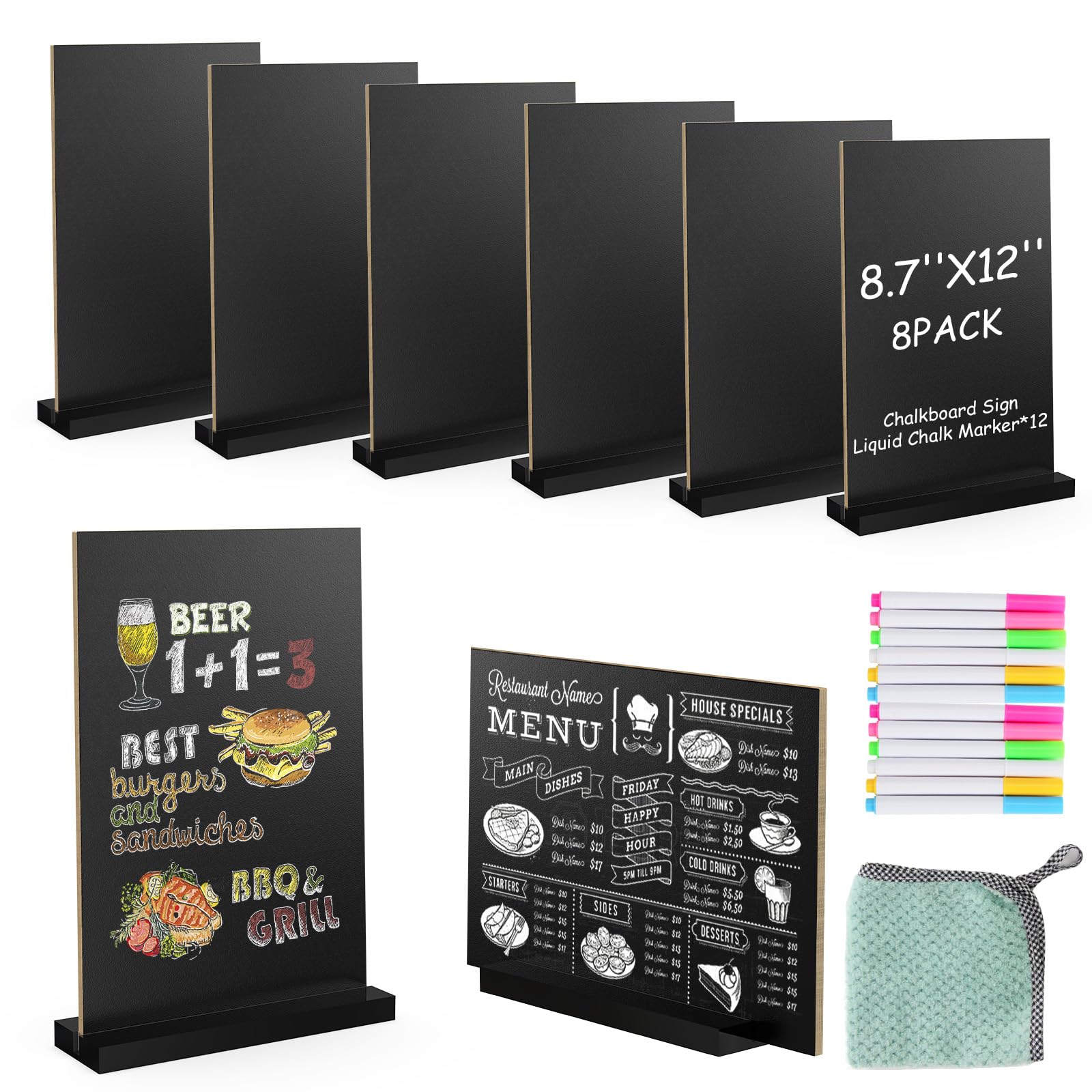 Photo 1 of EHWINE Chalkboard Easel Sign Set, 8 Pack 8.7 x 12 Inch Double-Sided Wooden Boards with Acrylic Base, Chalk Markers Included, for Wedding, Restaurant, Tabletop Menu Display, Party and Event Decor