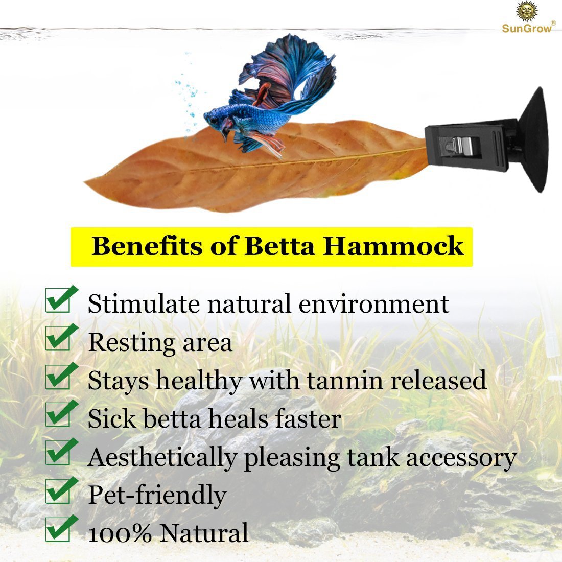 Betta Bed Kit (6 Beds + 2 Suction Cups) by Sungrow - Non-plastic, BPA-Free Hammock - Natural, Organic, Comfortable Rest Area for Fish Aquarium - Improves health by Simulating Betta\'s Natural Habitat