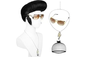 Men's Short Black Rock Legend Costume Wig with Sunglasses + Necklace + Hairnet, 50s Singer Rocker Disco Wigs for Halloween Pa