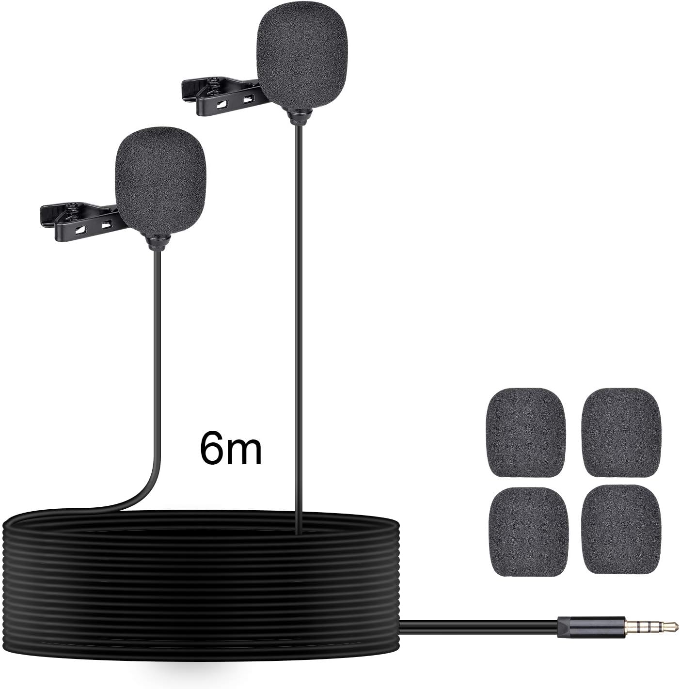 Double Lavalier Microphone Smartphone Omnidirectional Lapel Mic for Mobile Cell Phone iPhone Studio Video Recording Live Streaming Vlogging Youtube Podcast Commentary Anchorperson -3.5mm Jack/6M Cord