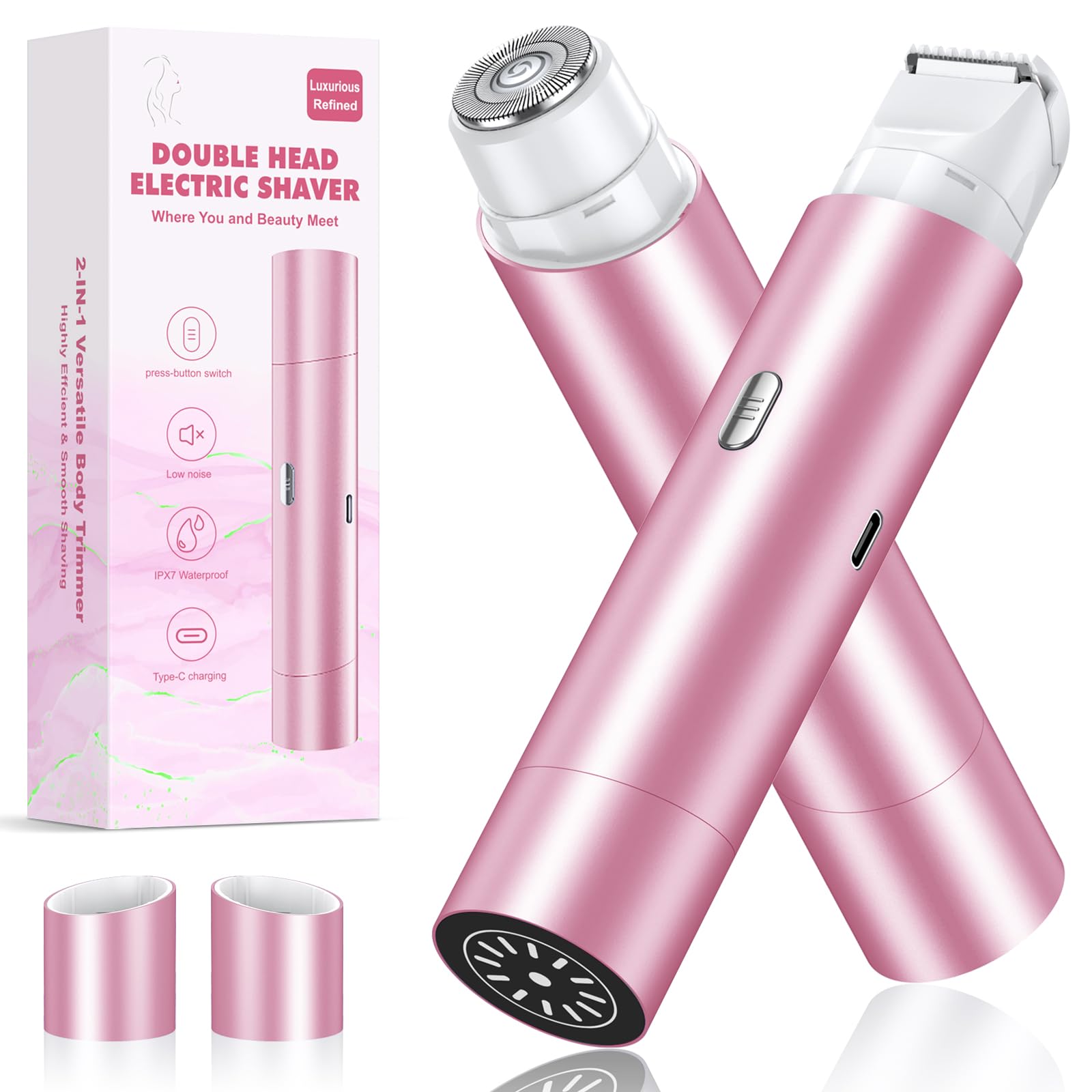 NIPOO Bikini Trimmer for Women, Dual Head Face Shaver Body Hair Trimmmer, IPX7 Waterproof Womens Electric Razor for Legs, Pink