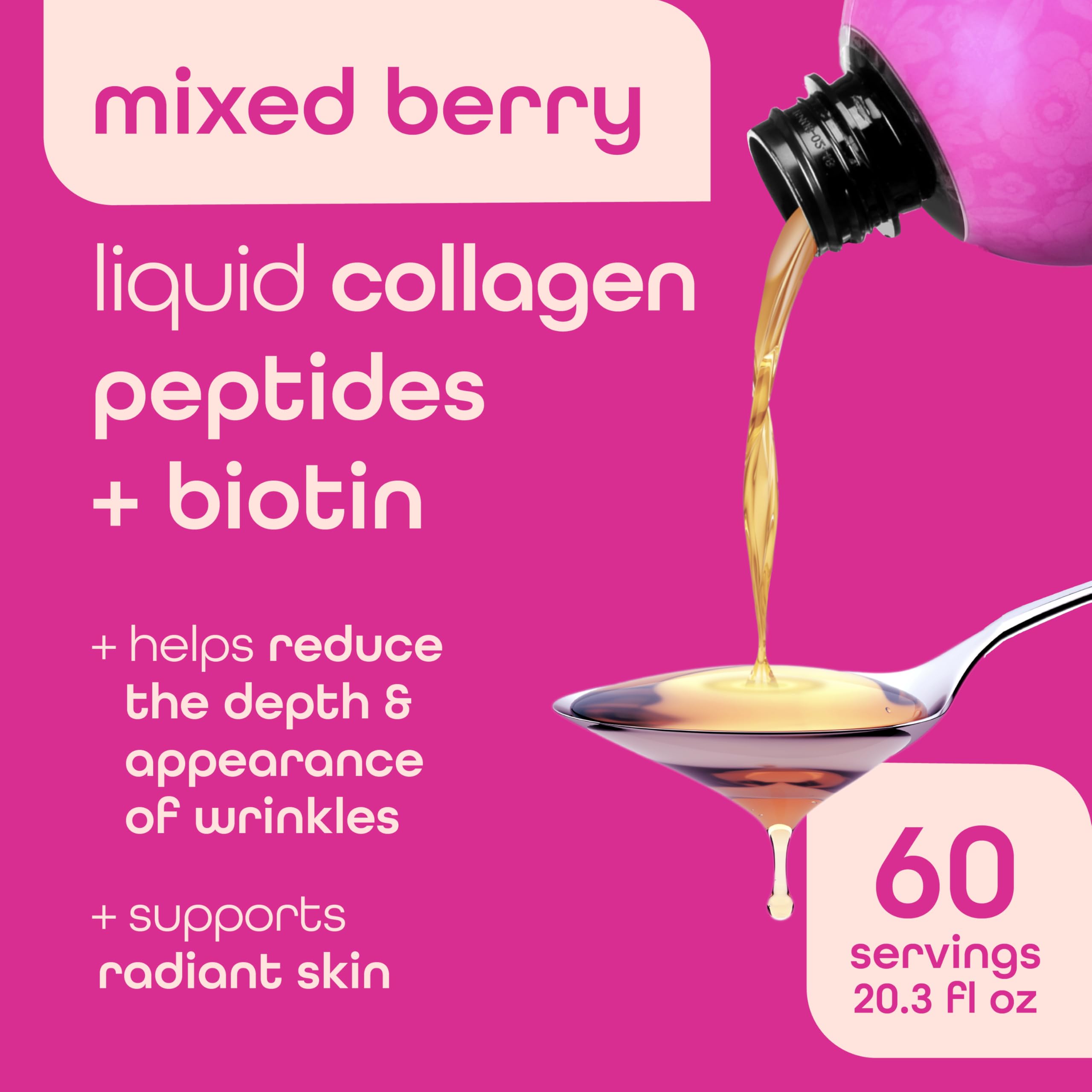 Zena Nutrition Liquid Collagen Peptides (Type 1 & 2) & 5000mcg Biotin, 2500mg Verisol Bioactive Collagen Peptides, Hair, Skin, Nail Supplement for Women & Men, Mixed Berry, 60 Servings, 20.3 fl oz