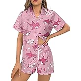 Delerain Yellow Lemons Womens Pajama Sets 2-Piece Short Sleeve Sleepwear Soft Satin Button Down Loungewear Pjs Shorts Set