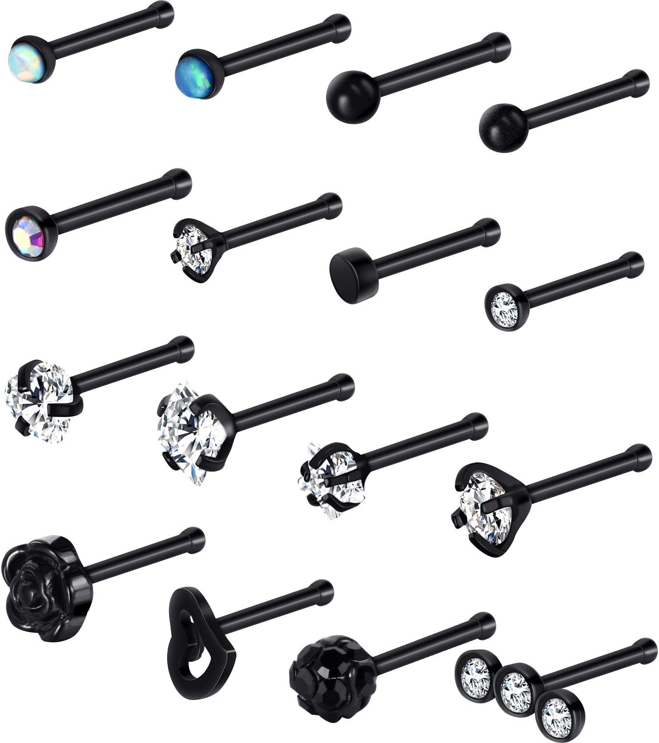 16 Pieces Nose Stud Set Nose Studs Cartilage Tragus Piercing Rose Ball Labret Jewelry, 20 G (Bone Stud C)