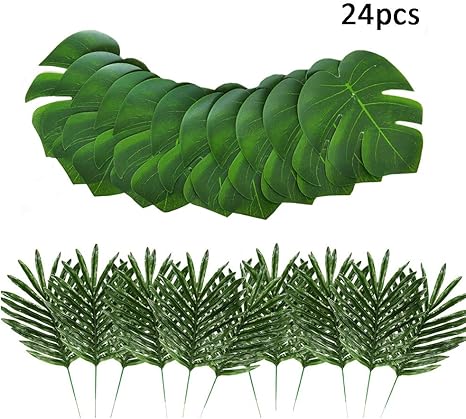 Amazon Meld 24個 2種類の人工モンステラリーフ 茎付き フェイクトロピカル植物 ティキ アロハ ジャングルビーチ 誕生日装飾 人工観葉植物 オンライン通販