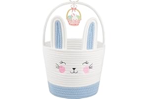 OIASKET Personalized Easter Basket for Toddler, Woven Baby Easter Gifts basket with Handle, Empty Bunny Egg Basket for Girls Boys Kids, Blue&White