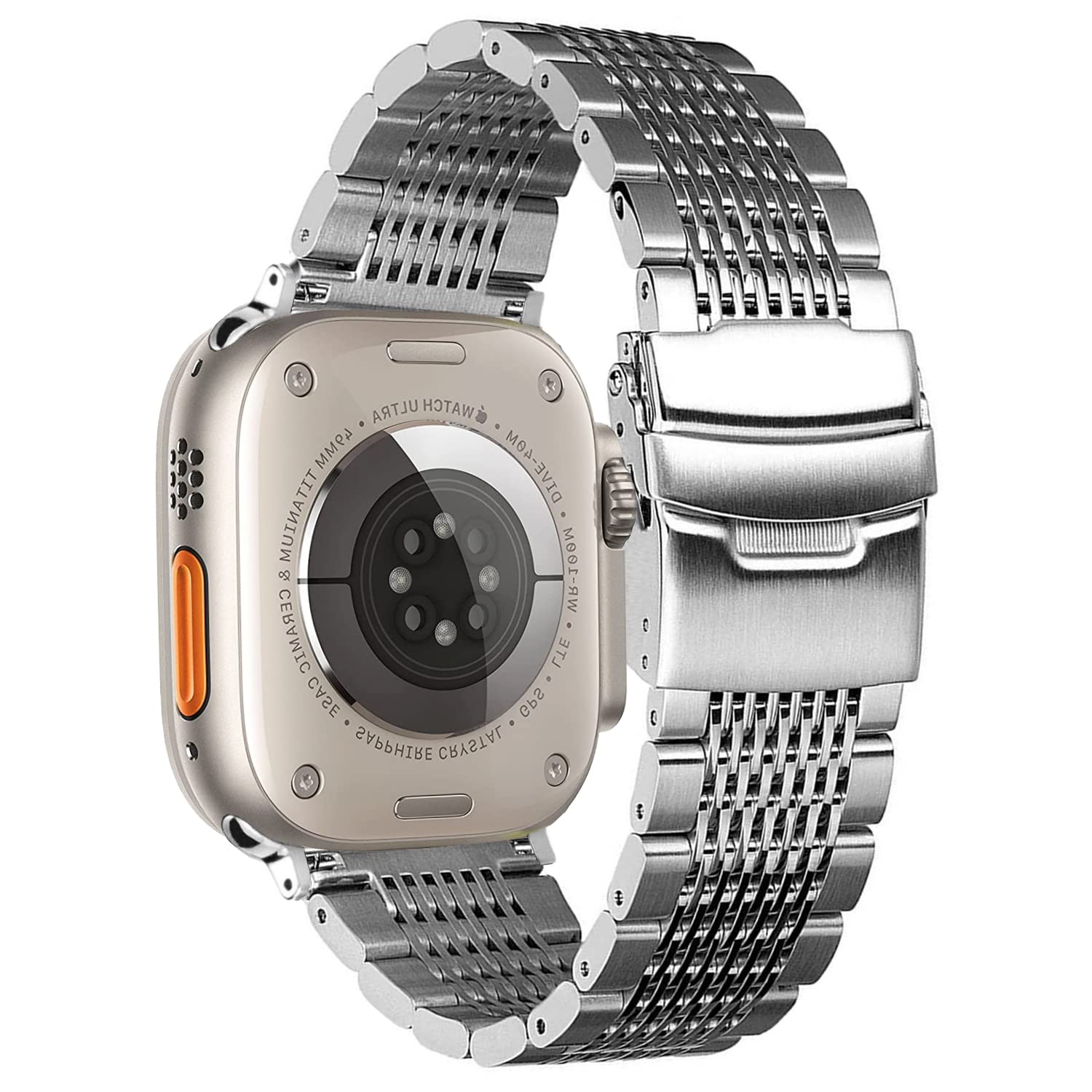 DEALELE Strap Compatible with iWatch 42mm 44mm 45mm 49mm, Solid 15-Rows Stainless Steel Metal Replacement Bracelet for Apple Watch Series 8/7 / 6/5 / 4/3 / SE/Ultra Women Men, Silver