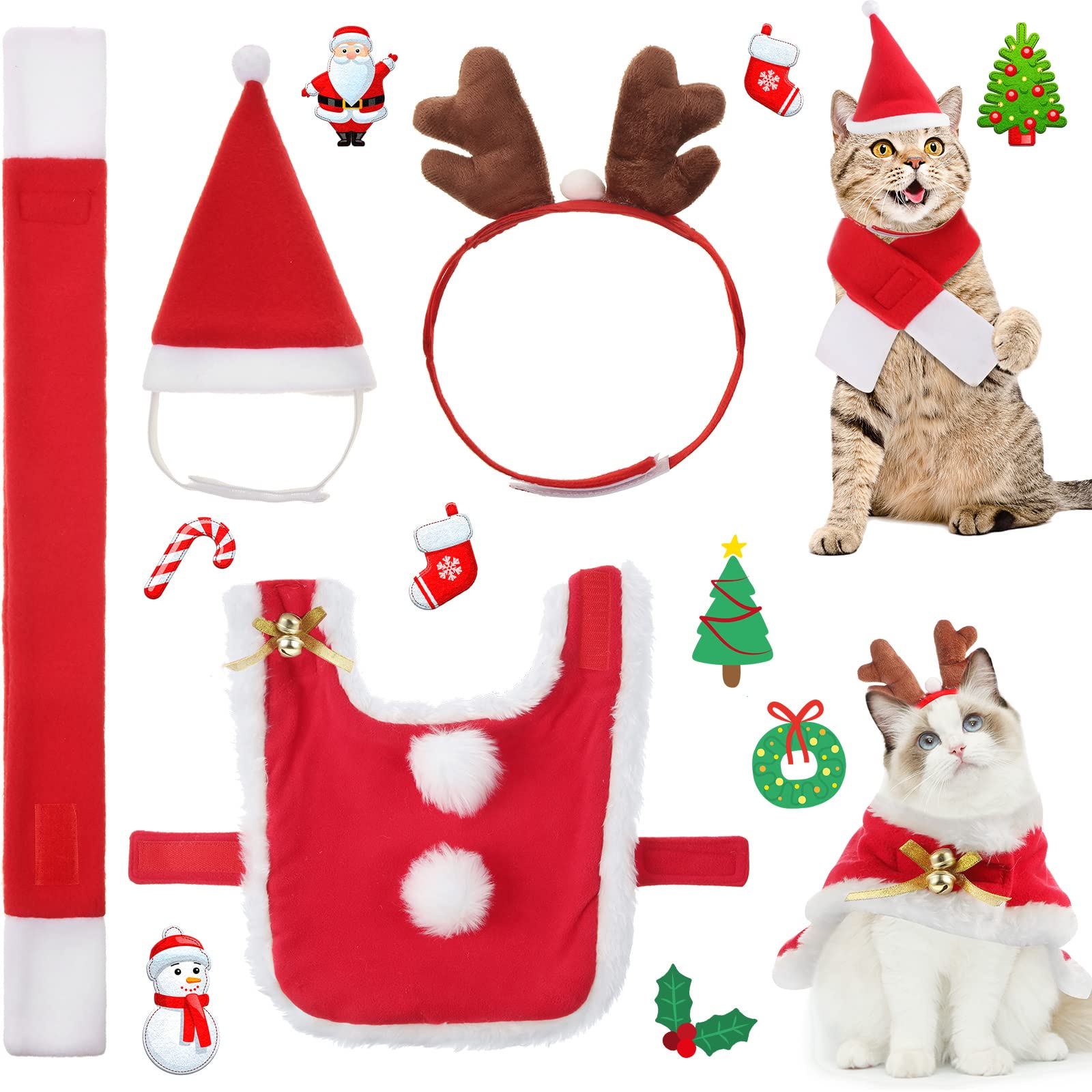 Syhood 4 Pieces Cat Christmas Outfit Christmas Cat Santa Hat and Scarf Christmas PET Costume Set Dog Puppy Kitten Cosplay Adjustable Costume Accessories for Small Cat