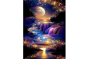 KINPLUB 5D Diamond Painting Kits for Adults, Moon Waterfall Diamond Art Kits for Beginners, DIY Full Round Drill Moonlight Landscape Paint with Diamond Dots, Home Wall Decor 12 x 16 Inch