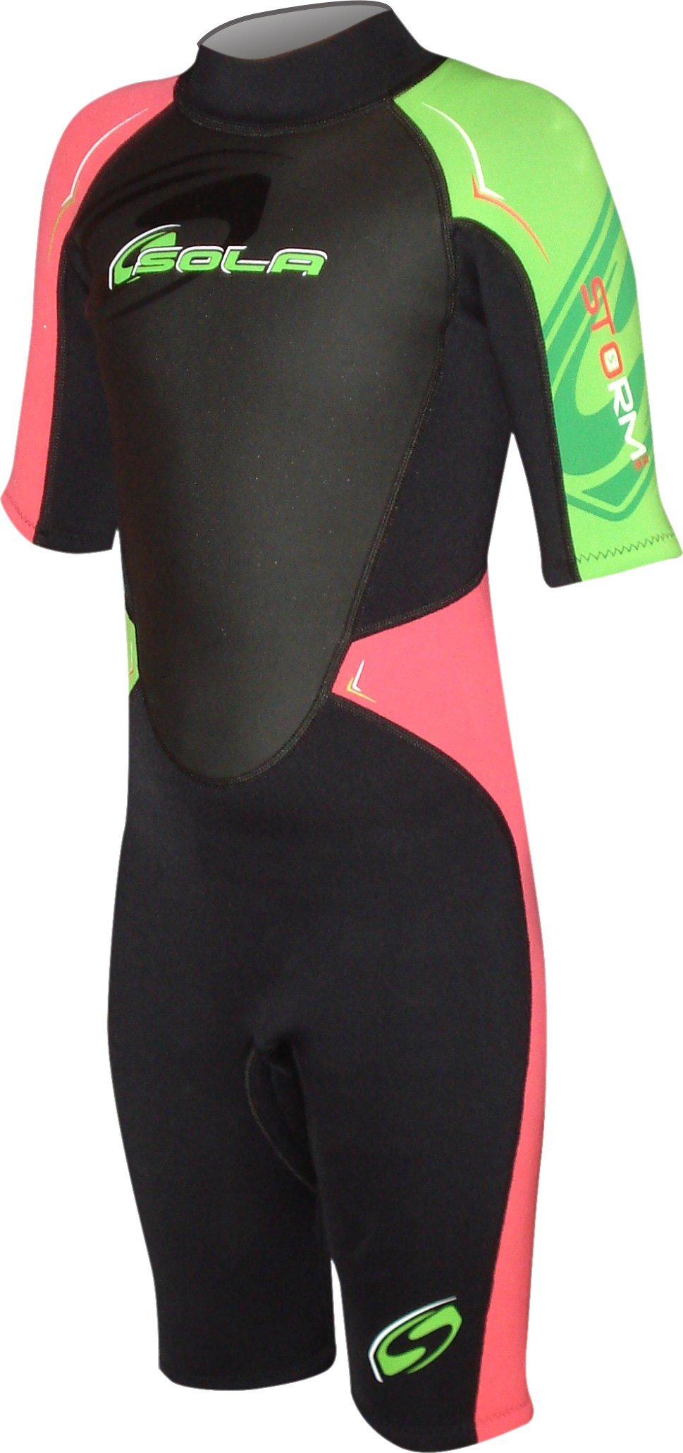 Sola Kid'S Storm 3/2 Shortie Wetsuit - Green/Coral, X-Small