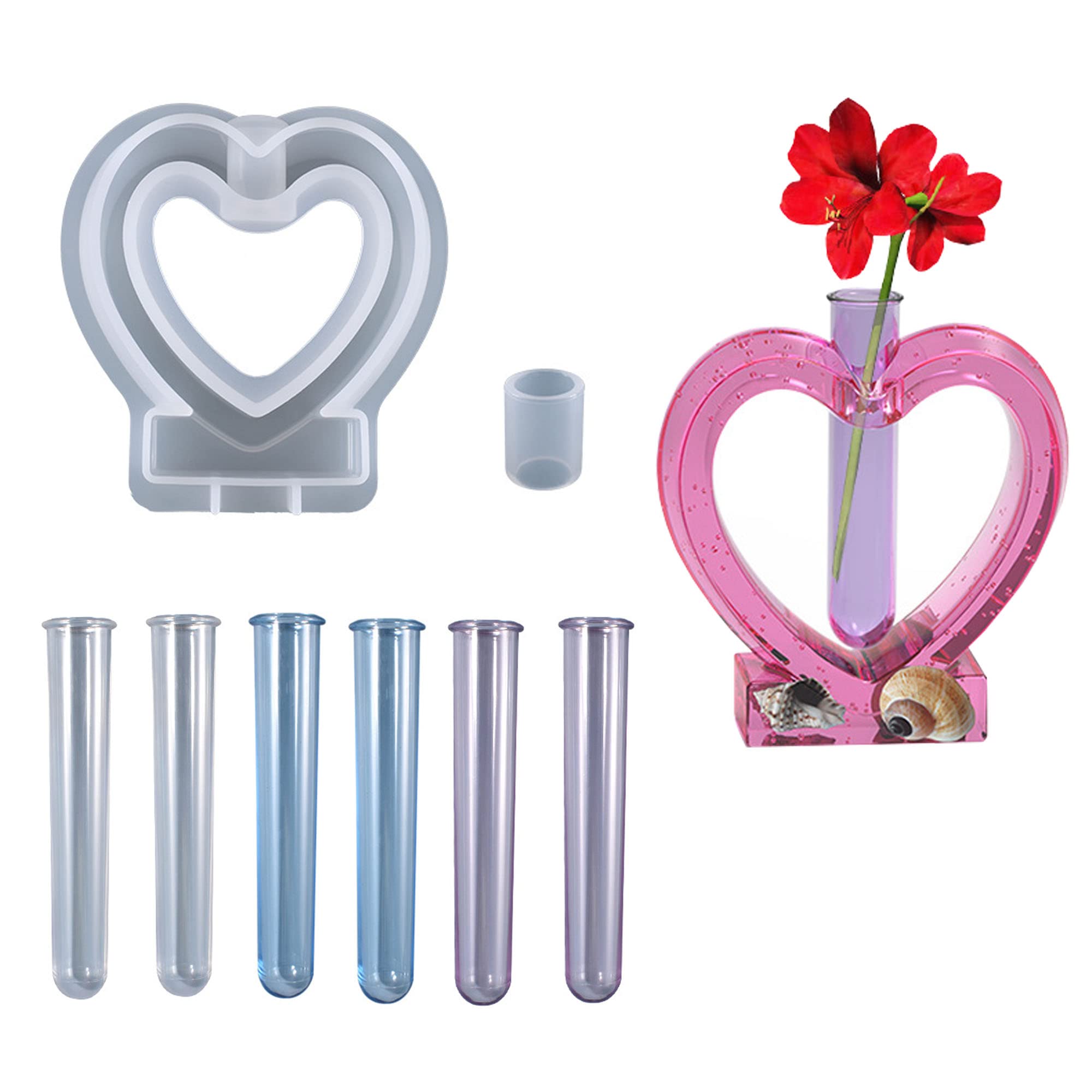Cayway Resin Mould for Plant Propagation Station, Heart-Shaped Vase Mould Vase Silicone Moulds for Resin Casting with 6 PCS Acrylic Test Tubes for Hydroponic Plants, Home Office Decor