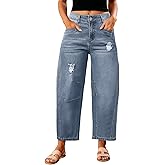 Metietila Womens Barrel Jeans Ripped Mid Rise Wide Leg Baggy Boyfriend Denim Pants