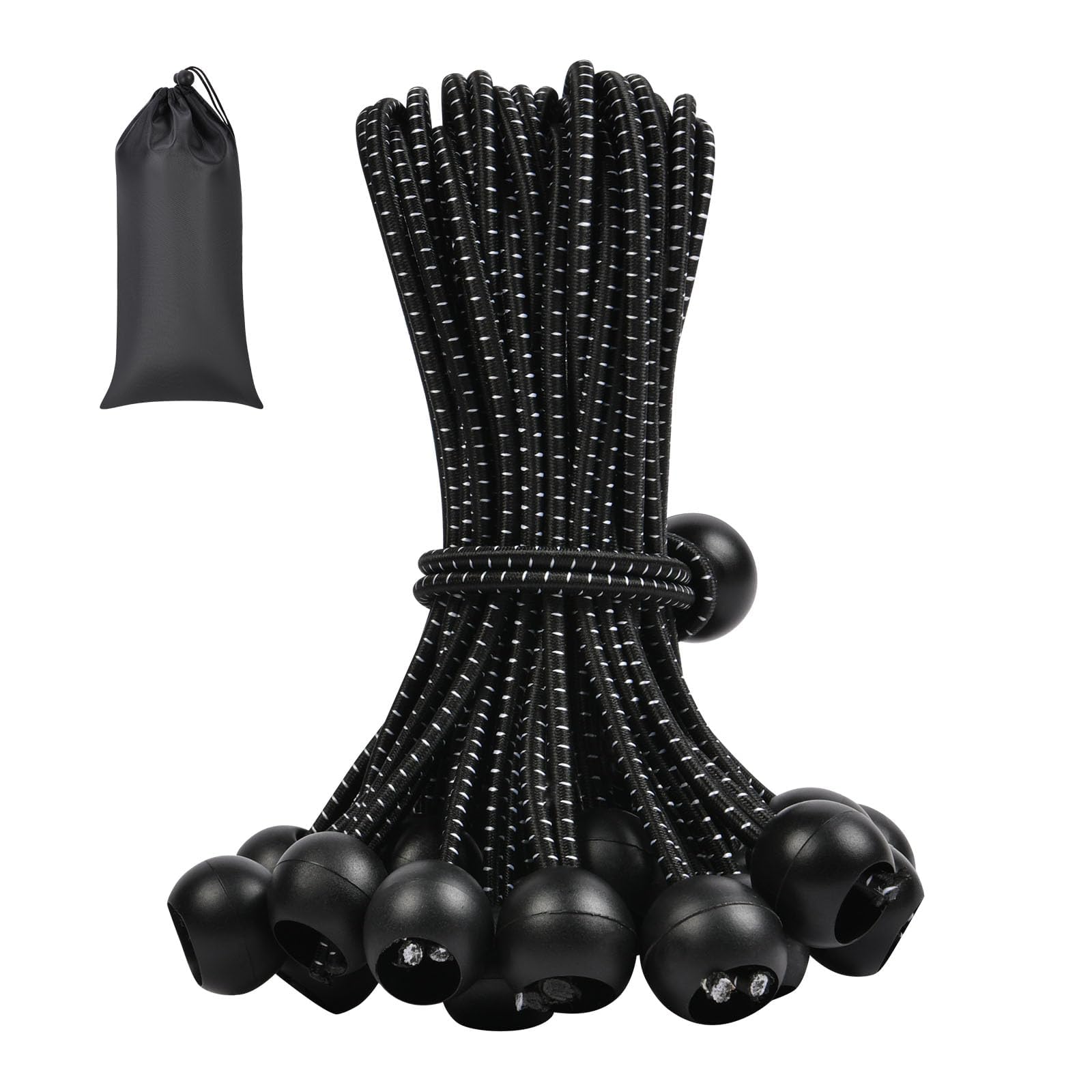 Adiwo Bungee Cord with Balls, 50 Pcs 6 Inch Tarpaulin Bungee Cords, Heavy Duty Elastic Bungee Ball Cords, Flexible Adjustable Black Bungee Straps for Tent, Camping, Household Items, Canopies, Flags