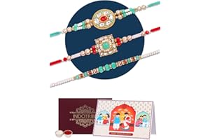 IndoTribe, Rakhi For Brother with Gift Set - Set of 3, Rakhi For Brother with Card, Roli Chawal | Rakhi for Brother and Bhabhi | Lumba Rakhi For Brother | Bhaiya Bhabhi Rakhi | Raksha Bandhan Rakhi