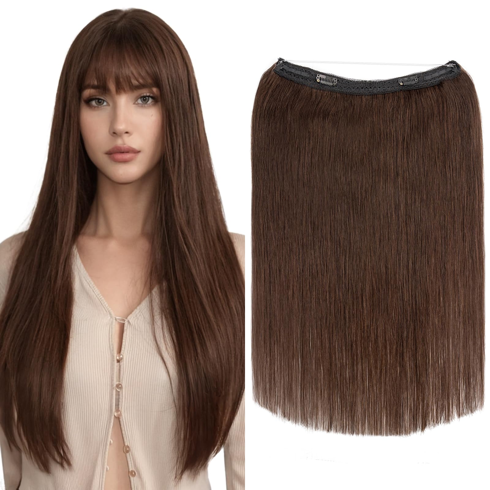 Photo 1 of Elailite Halo Hair Extensions Real Human Hair for Women Dark Brown Clip in Remy Hairpiece with Adjustable Invisible Wire 16 Inch 65G