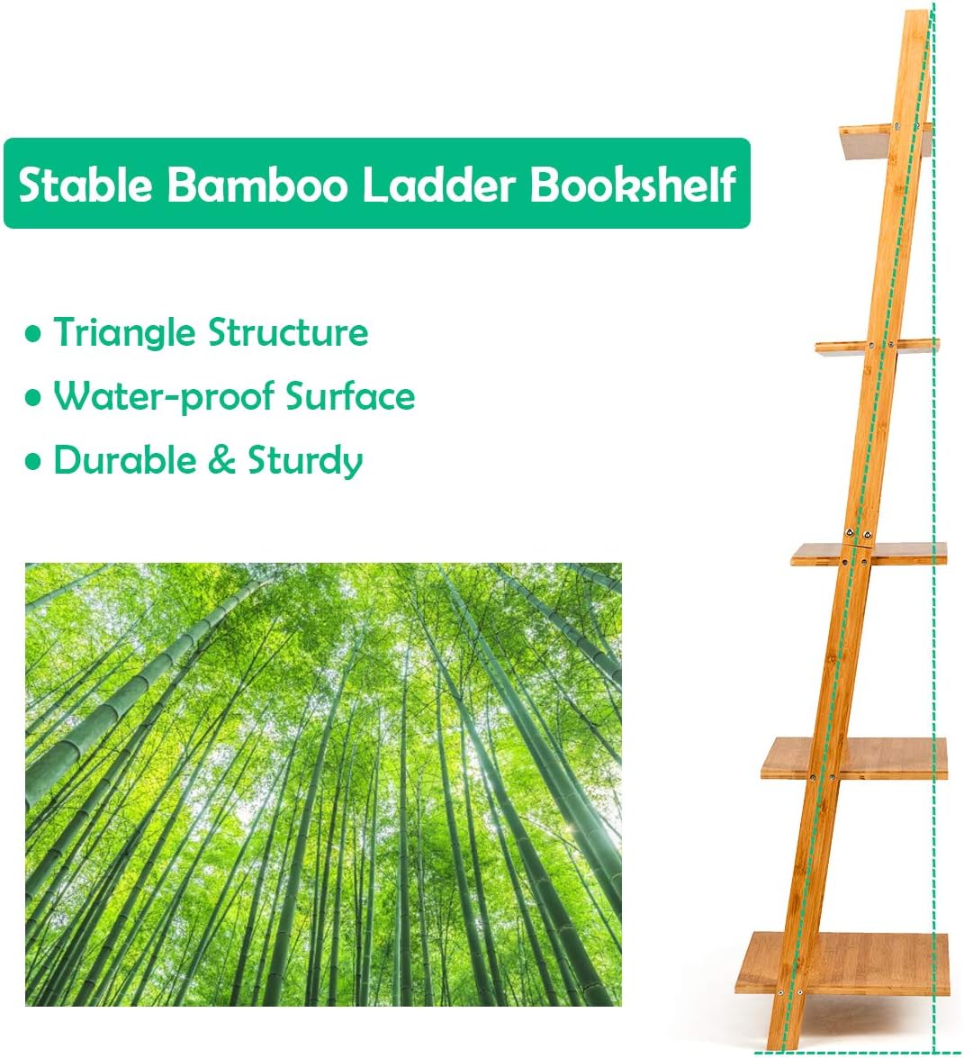 Tangkula 5-Tier Ladder Shelf Bookshelf, Natural Bamboo Wall-Leaning Bookshelf, Plant Flower Stand, Storage Display Shelves for Living Room Bathroom Office, Multifunctional Ladder Bookcase (Natural): Kitchen & Dining