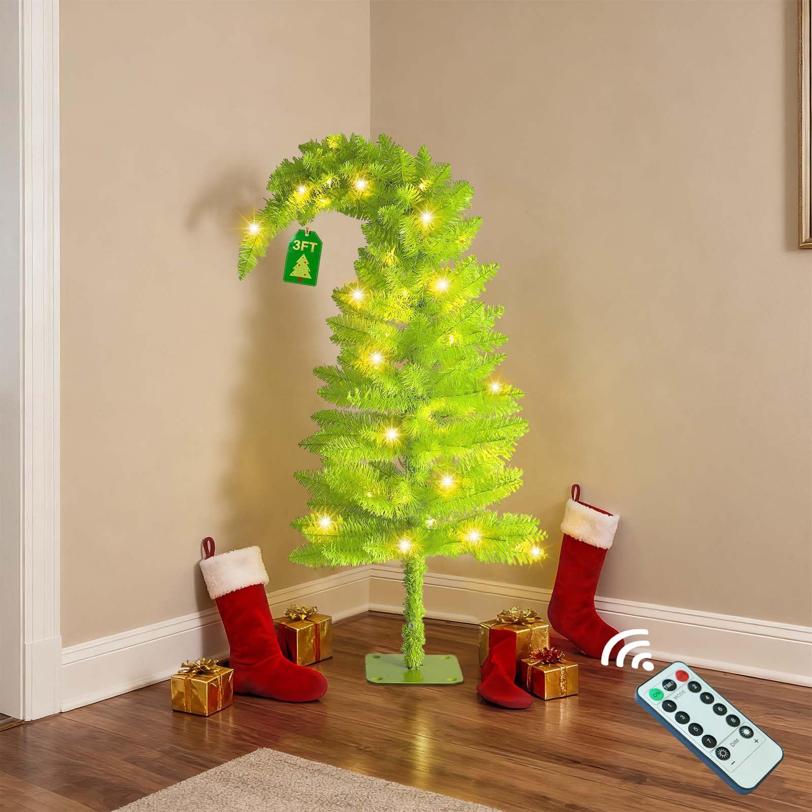 Photo 1 of 3FT Christmas Tree with Lights, 40 Led Battery Operated Power Bendable Mini Whimsical Lime Green Light Up Remote Control Timer Curved Unique Artificial Xmas Decorations Small Fake Pine Tree Décor