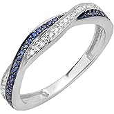Dazzlingrock Collection 18K Solid Gold Round White Diamond & Blue Sapphire Womens Stackable Anniversary Wedding Band Swirl Ring