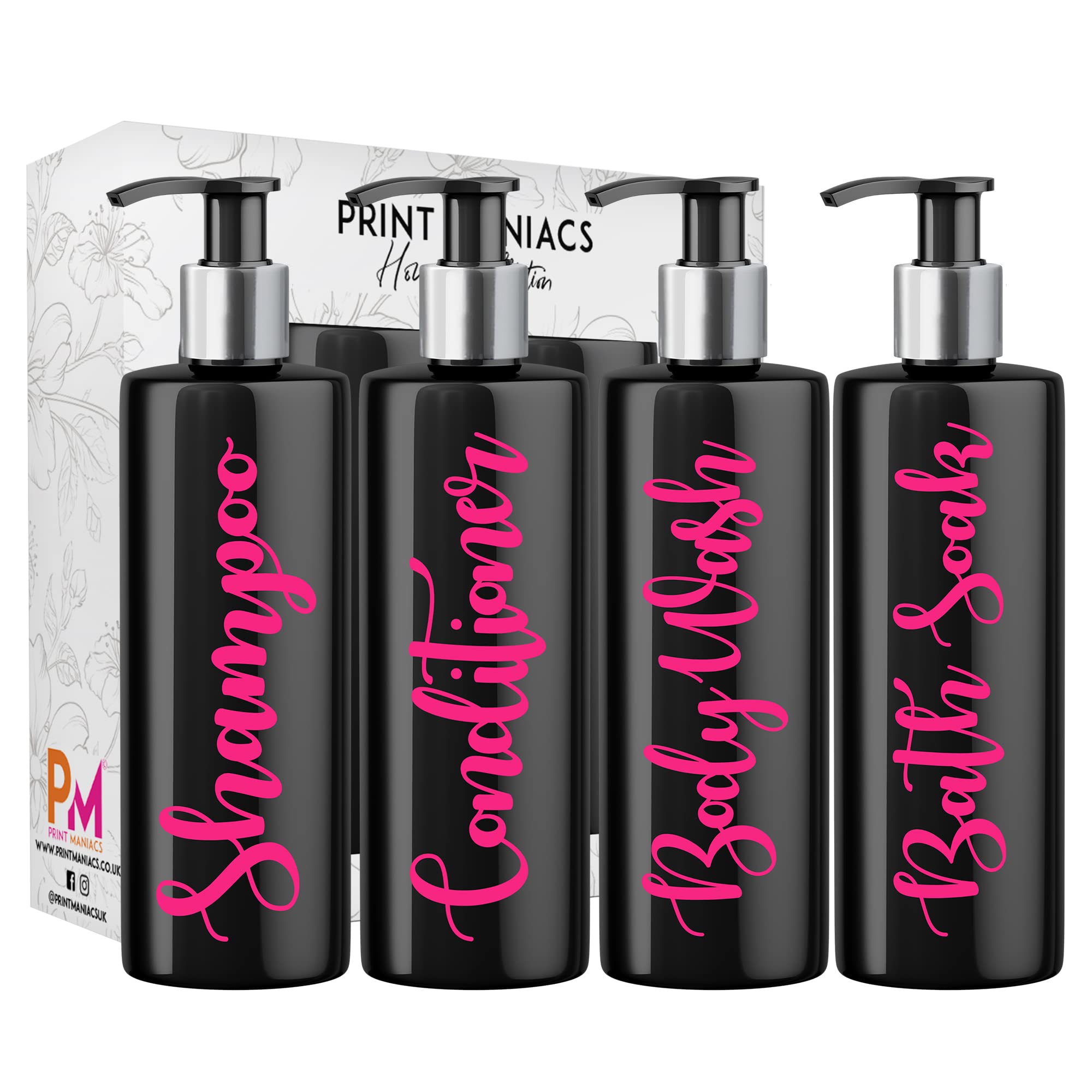 Print Maniacs Mrs Hinch Inspired Black Personalised Pump Bottles Bathroom Kitchen Set Shampoo Conditioner (Pink)