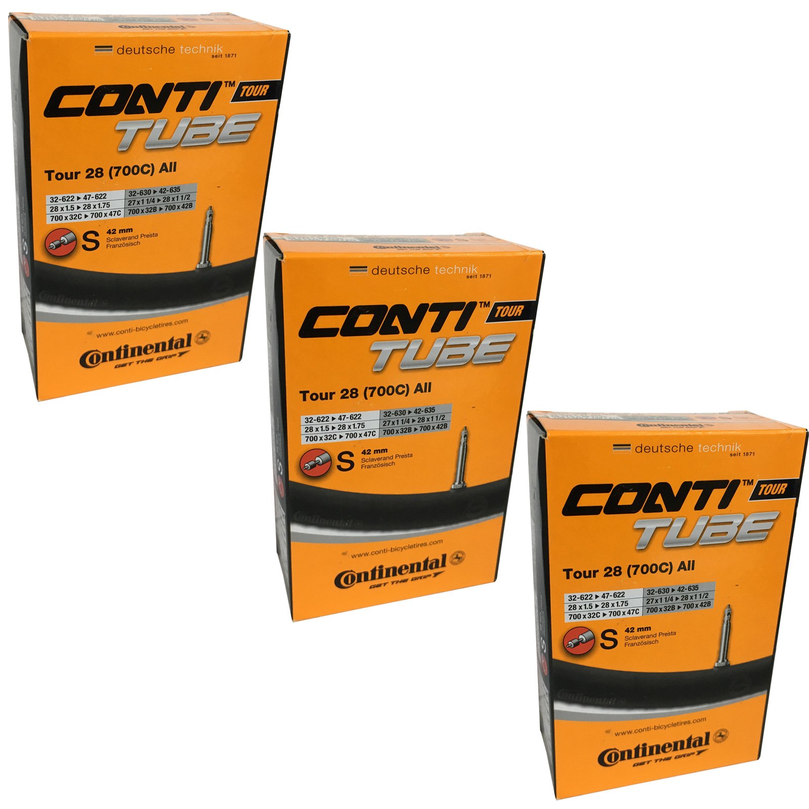 Continental Tour 28 700 x 32-47c Bike Inner Tubes - Presta 42mm Valve (Set of 3),Black