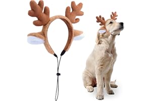 Beviliu Dog Reindeer Antlers Headband, Brown Dog Christmas Antlers Costume for Medium Large Dogs Fluffy Elastic Pet Costume, Adjustable Deer Antlers for Dogs & Cats Halloween Party Birthday