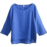 Amazhiyu Women's Linen 3/4 Sleeve Blouse Crew Neck Summer Casual Tops Loose Fit