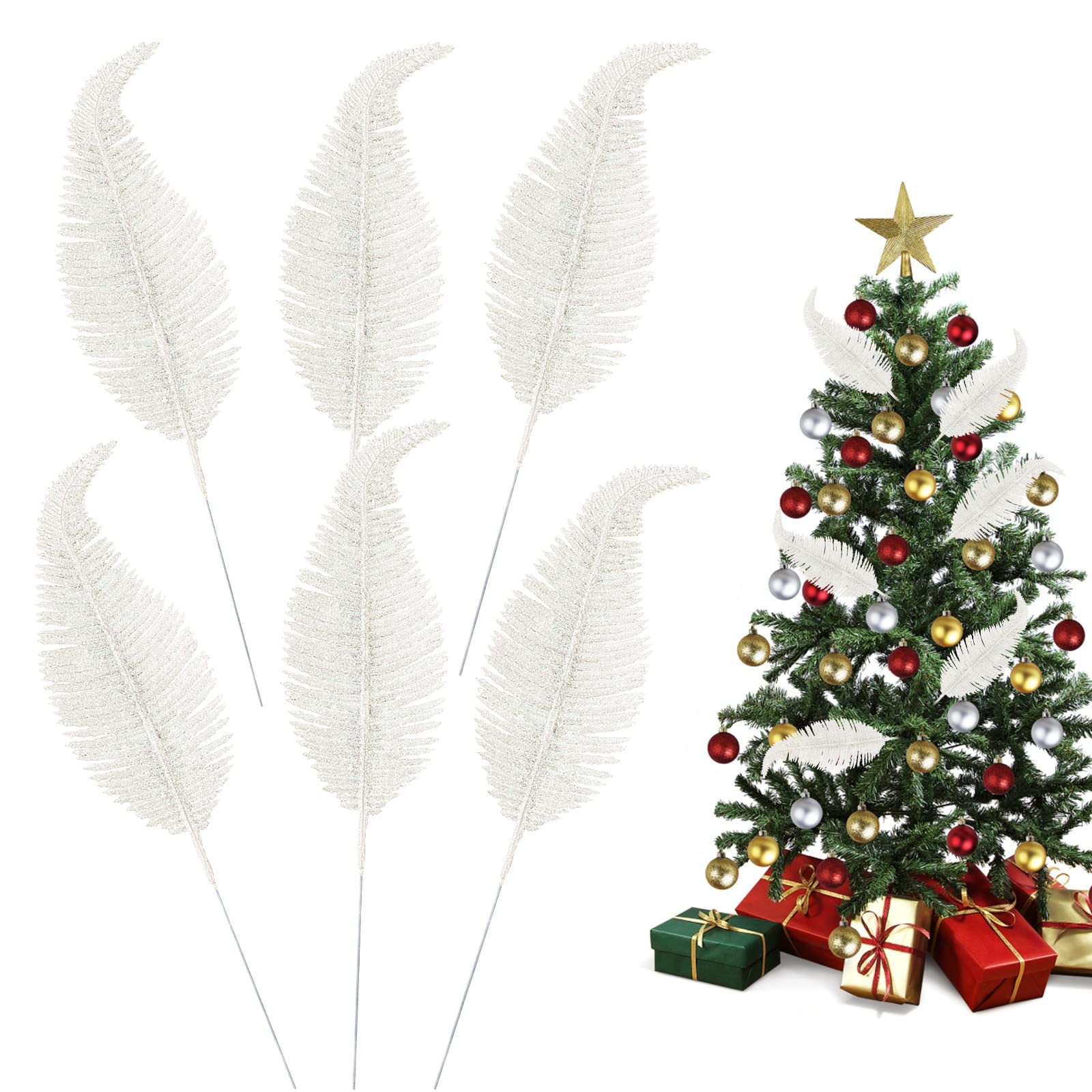 MOTONG 6PCS White Christmas Tree Decorations - 10.6 Inch Glitter Feathers, Artificial Glittery Christmas Tree Feather Ornament Baubles for Wedding, Home Xmas Decorations