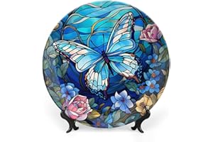 Gokays Butterfly and Flower Bule Stained Glass Design Decorative Plates Home Decor Ceramic Plates, Dinner Plates Display for Kitchen, Hallway Console Side Table, Presents for Butterfly Lovers, 8 Inch
