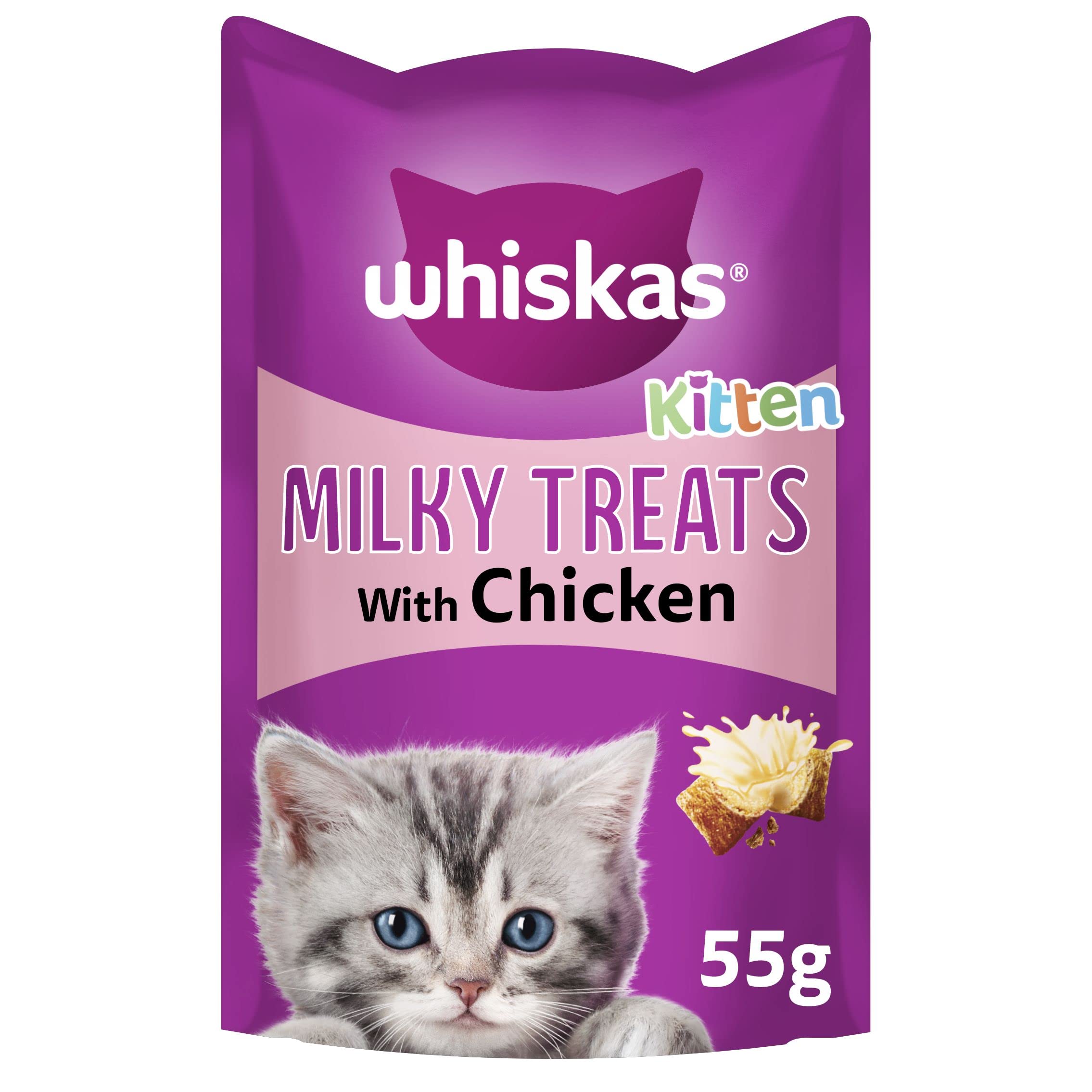 Whiskas Kitten Milky Treats - Tasty, milky treats for kittens from 2 - 12 months, small bite size snacks with a delicious milky filling, Pack of 8 (8 x 55 g)
