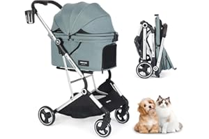 Beberoad Pets T4 PRO Pet Stroller for Small Medium Dogs, Cat Strollers for 2 Cats, 4 Wheels Folding Pet Stroller for Cats with Pad, Canopy and Cup Holder, Green