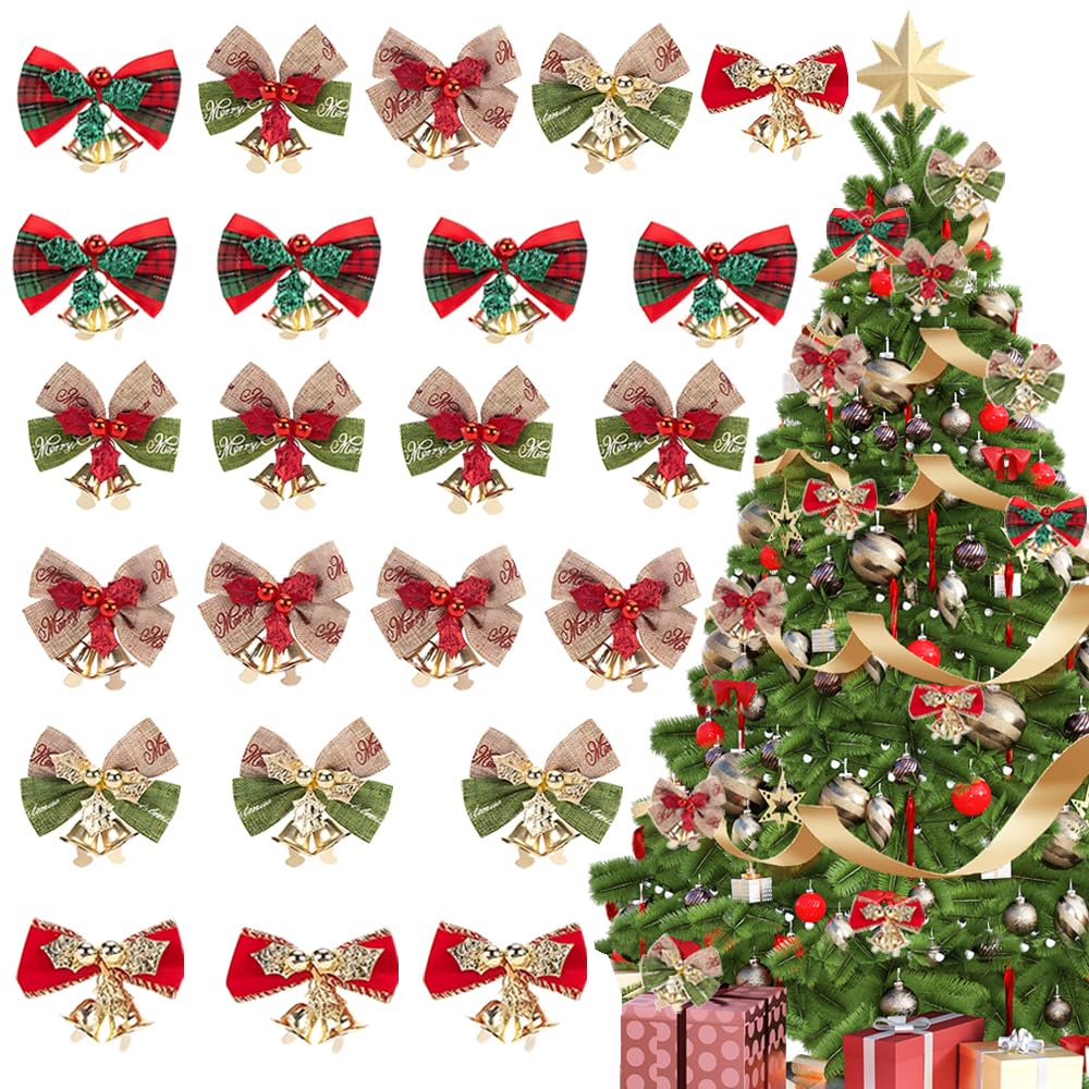 Johiux 25 Pcs Christmas Bows for Tree Decoration,Wreath Making Supplies Bows,Xmas Small Bow with Bell for Gift Wrapping Christmas Craft Supplies Wrapping Accessories 5x4cm. (25)