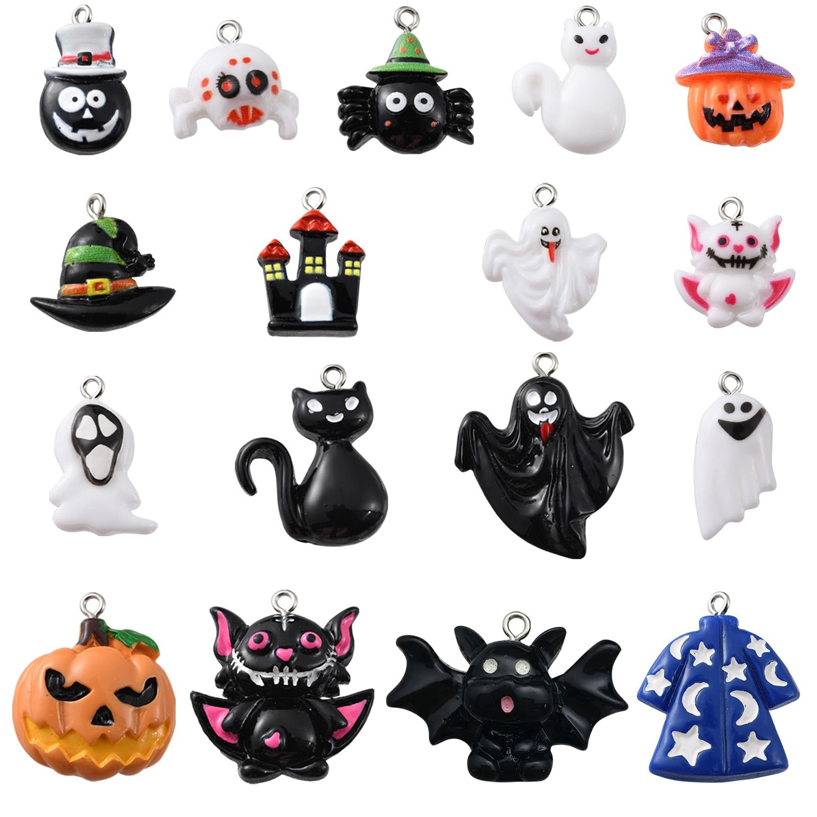 Stiesy 34Pcs 17 Styles Halloween Resin Charms Spider Pumpkin Skull Charm Cat Ghost Skeletons Dangle Charms for Jewellry Making Crafting