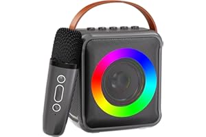 VERKB Mini Karaoke Machine for Kids Adults, Portable Bluetooth Speaker with Wireless Microphones, Microphone Speaker Set with LED Lights for Home Party, Birthday Gifts for Girls Boys Kid(Space Gray)