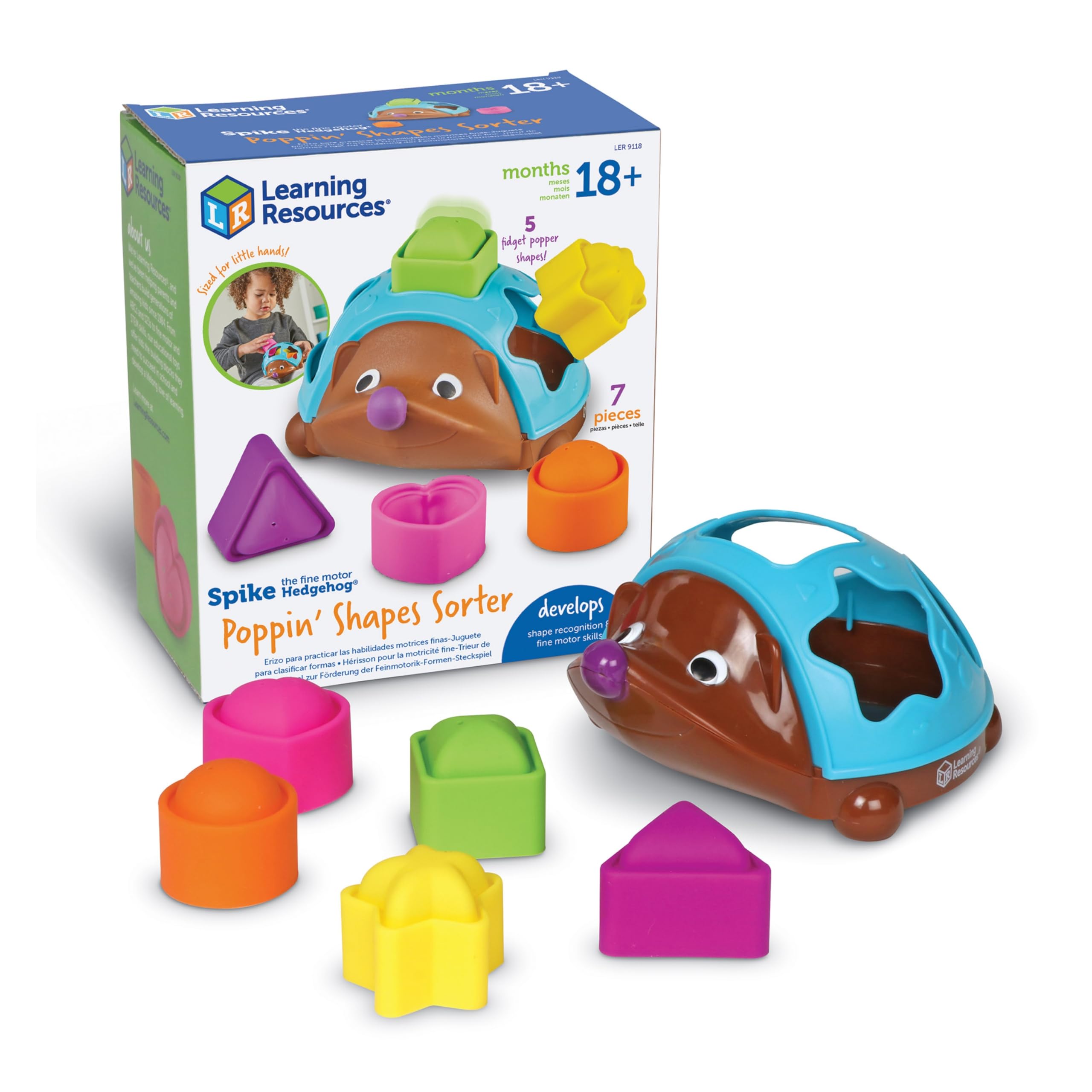 Learning Resources Spike the Fine Motor Hedgehog Poppin' Shapes Sorter, 7 Pieces, Ages 18 Months+, Learning Toys, Baby Toys, Educational Toys, Fine motor toys, Montessori Toys