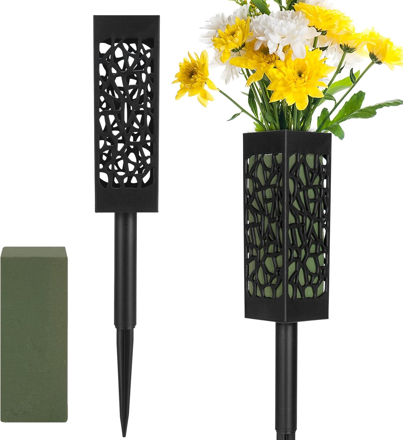 Decorative Garden Stakes - Graves Cemetery Vases with Foam, Fetanten 2 Piece Memorial Cemetery Floral Holders with Long Spike Stake Drainage Holes for Gravestone Grave Garden Yard Ground Outdoor Flower Marker Decorations