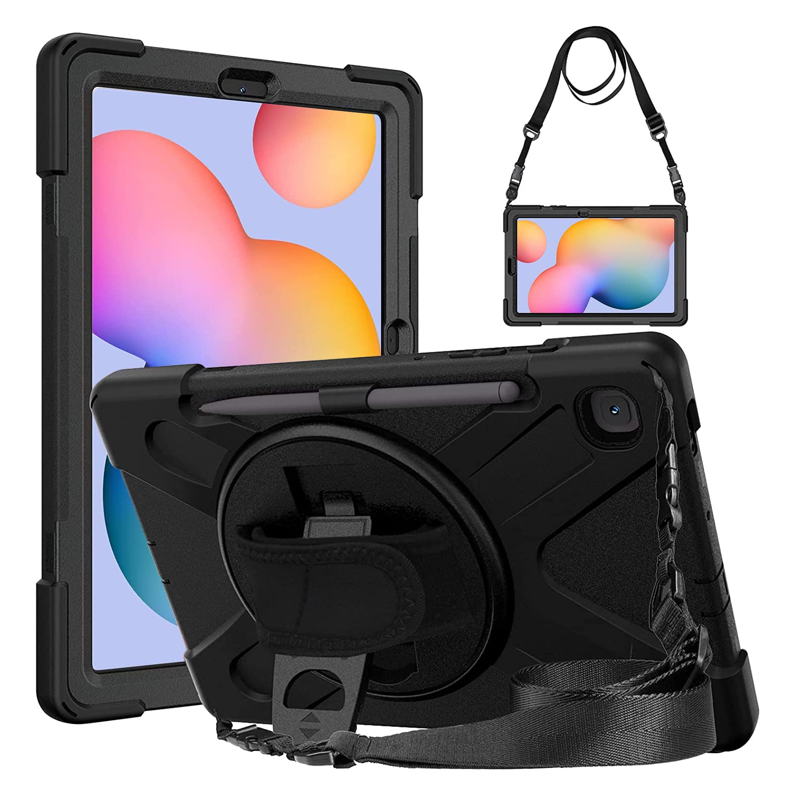 Gerutek Case for Samsung Galaxy Tab S6 Lite 10.4 inch 2024/2022/2020 Released Shockproof Rugged Cover with 360 Rotating Stand/Hand Strap,Shoulder Strap Protetcive Case for Galaxy Tab S6 Lite, Black — image 1