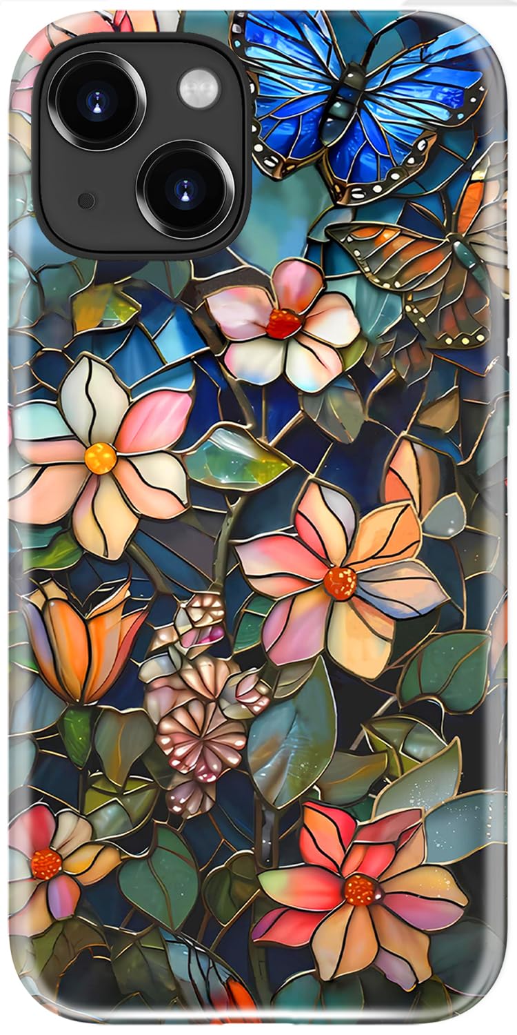 STARVIP for iPhone 15 Plus Case Cute - Wireless Charging Compatible - Dual-Layer Hard Shell + Silicone Cover - Aesthetic Protective Trendy Phone Case for Women - Butterfly in Flowers