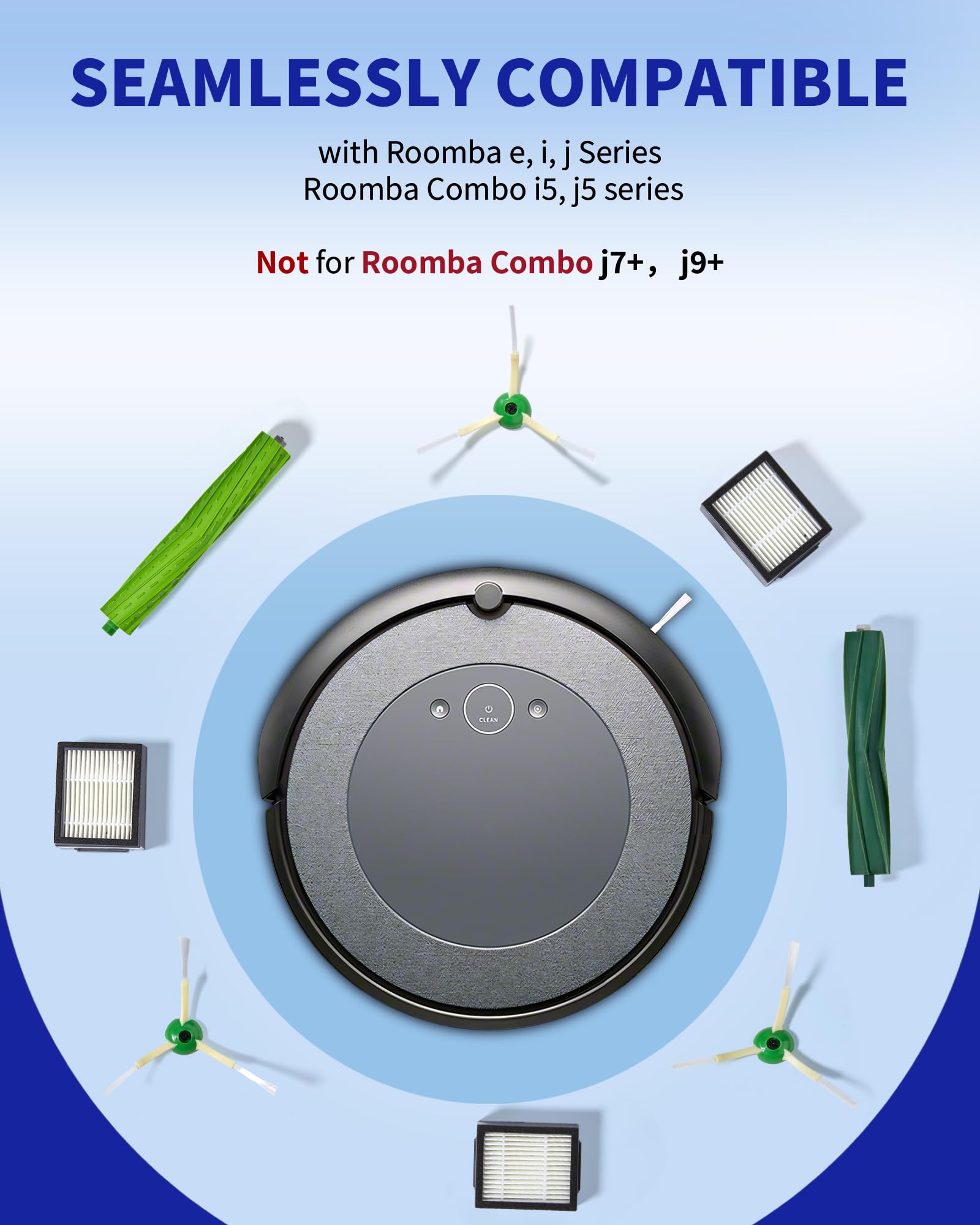 Replacement Parts & Accessories for iRobot E, I & J Series, Combo i5, j5 Series Robot Vacuum, Dual Multi-Surface Rubber Brushes & 3 HEPA Filter & 3 Edge-Sweeping Brushes