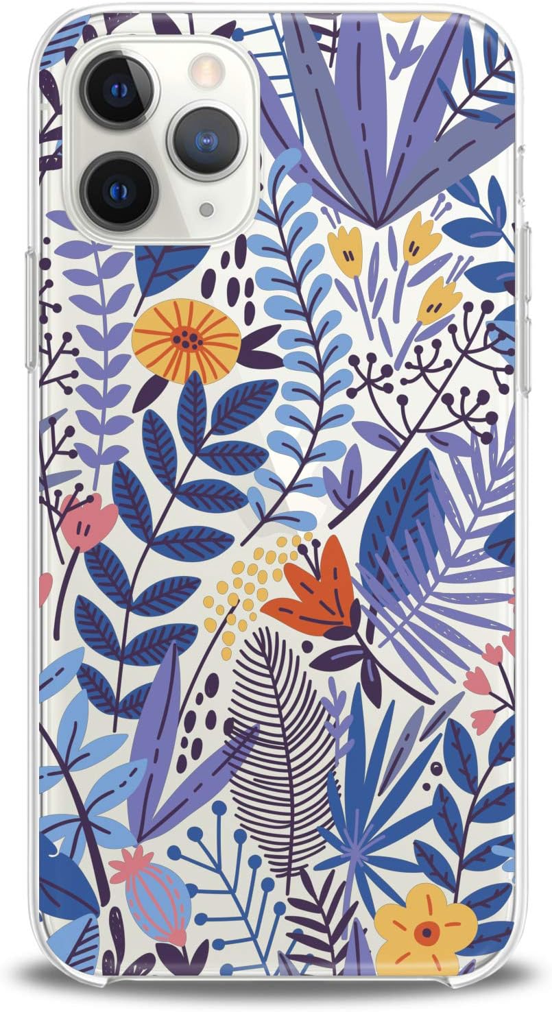 Cavka TPU Cover for Apple iPhone Case 11 Pro Xs Max X 8 Plus Xr 7 SE 2020 Gift Abstract Colorful Fern Clear Design Tropical Lightweight Wild Leaves Flexible Silicone Slim fit Soft Print Flowers Blue
